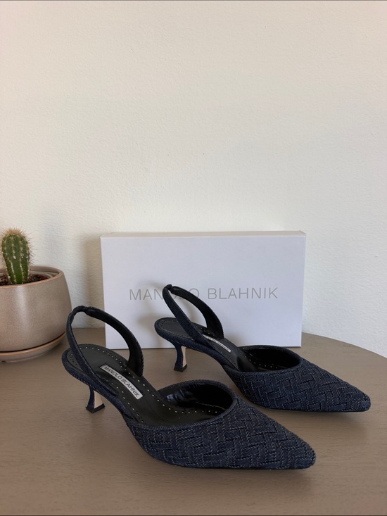 Manolo Blahnik Shoes - Manolo Blahnik Denim Woven Pointed Slingback Heels